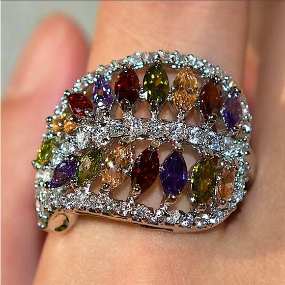 18K Gold Plated Rainbow Ring, Marquis Cut, Zircon, Multicolor - Picture 7 of 7